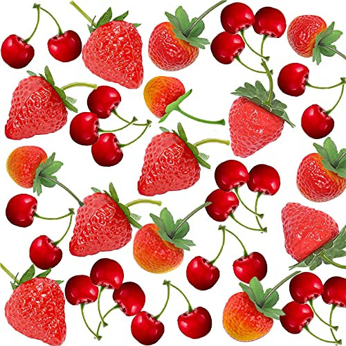 32 künstliche Erdbeeren, künstliche Erdbeeren, künstliche Erdbeeren, künstliche Erdbeeren, realistische Kunststoff-Frucht, künstliche Kirschen, Erdbeerdekoration für Hochzeit, Fotografie-Requisite.