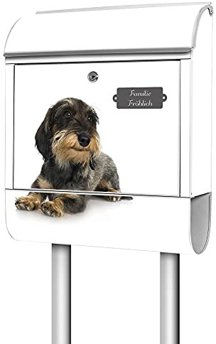 banjado® Briefkasten mit Standfuß personalisierbar Motiv Dackel - Stand Briefkasten mit Zeitungsfach pulverbeschichtet aus Stahl weiß - Postkasten A4 Einwurf inkl. 2 Schlüssel