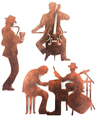 J-Fly Wanddekoration aus Metall, Motiv: Musik, Bronze, für Wohnzimmer, Schlafzimmer, Studio, Musikzimmer, Büro, 3 Stück, Wanddekorationen mit Saxophon, Violoncello Schlagzeug und Klavier