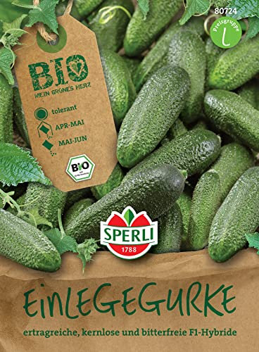 Sperli 80724 BIO Einlegegurke F1, rein weibliche Sorte bildet bitterfreie dunkelgrüne Früchte ohne Kerne, tolerant und widerstandsfähig