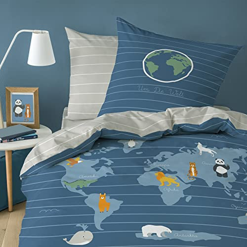 MATT & ROSE MAP Bettwäsche für Kinder 2 teilig | 100% Baumwolle | Oeko-TEX | Bettbezug 135x200 cm + 1 Kopfkissenbezug 80x80 cm | Blau