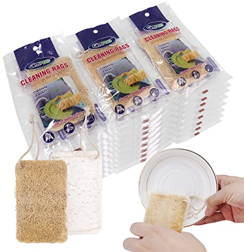 KRIZJUES Natural Loofah Sponges, Biodegradable Sponge Individually Wrapped, Non Scratch Organic Luffa Dishwashing Eco Friendly Cellulose for Kitchen Cleaning - Pack of 6, 11cm x 7cm x 2.2cm