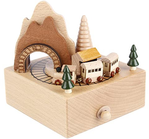 LICHENGTAI Hölzerne Spieluhr Kleine Zug Holz Spieldosen Holz Musikboxen Klassische Vintage Spieluhr mit Berg Tunnel Ornament Spielt Spieluhr für Geburtstagsferien Geschenke
