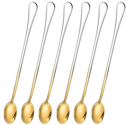 Favuit Latte Spoons Set of 6, 9 inch Long Handle Teaspoons Stainless Steel Coffee Spoons Mixing Ice Cream Stirring Spoon Dishwasher Safe Ideal for Latte Coffee Hot Chocolate Dessert Ice Cream (Gold)
