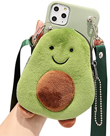 SGVAHY Schutzhülle für iPhone 12 Mini, niedliche iPhone-Hülle mit Riemen, Umhängeband, Münzbörse, lustige Handyhülle, Kawaii, weiches Silikon, stoßfest, für Damen und Mädchen (Plüsch-Avocado)