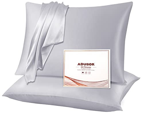 Adubor Seidenkissenbezug 40x60 cm für Haar und Haut, mit verstecktem Reißverschluss, beide Seiten, 23 Momme Seide, Fadenzahl 900 (Silbergrau, 2 Stück)