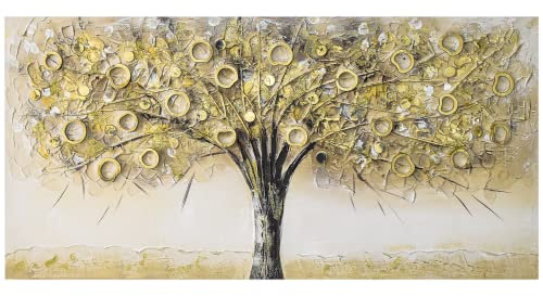 Home Selections Golden Abstract Tree Canvas Wall Art, 100 x 50cm, 3D Hand Painted Canvas Picture, Large Gold Wall Decor for Bedroom, Living Room, or Kitchen