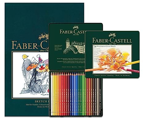 Faber-Castell A4 Sketch Pad & Tin of 24 Polychromos Artists Pencils, Art Set Adult Colouring Books, Craft Supplies, Drawing, Sketching, Lightfast, Schools, Home, College