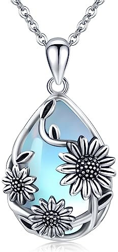 Midir&Etain Moonstone Necklace for Women Girls 925 Sterling Silver Sunflower Teardrop Pendant Necklace You Are My Sunshine Necklace Flower Jewellery Gifts for Girlfriend Wife