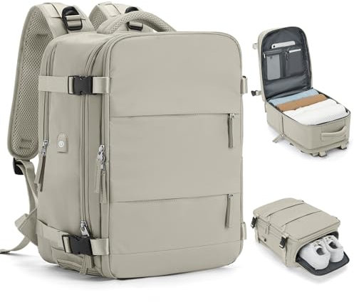 HPLQQ Travel Backpack Cabin Size for Women, Easyjet Cabin Bag 45x36x20 Underseat Carry On Hand Luggage Backpack, Water Resistant Rucksack Casual Daypack School Bag with Shoe Compartment,J4-grey Brown