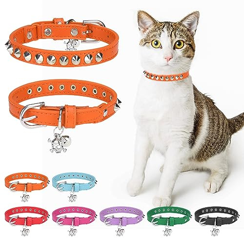 DILLYBUD Leather Cat Collar, Breakaway Kitten Collars with Bell, Orange | Spiked & Studded, Cute for Boy Girl Small Pets, Goth Rivet Style, Safety Elastic Belt, Adjustable Buckle, Skull Charm, 8-12in