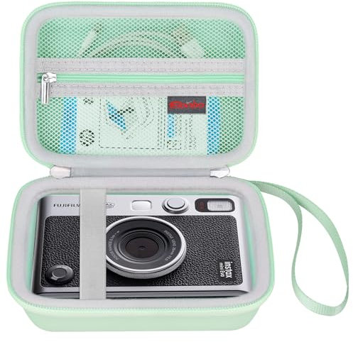 Elonbo La Caja portátil de la Cámara es Compatible con la Cámara instantánea Fujifilm Instax Mini EVO, la Lente de la Cámara Cubre el Estante de Almacenamiento de la fotográfica, Verde+Interior Verde