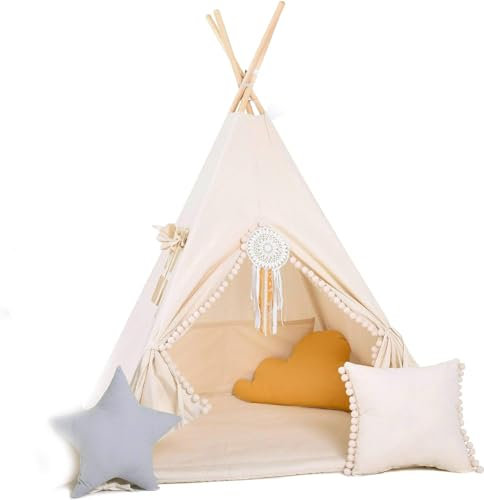 Kinder Teepee Tipi Set für Kinder Spielzeug drinnen draußen Spielzelt Zelt 8 Elemente dabei Tipi-Set Indianer Indianertipi mit Fenster usw. (mit kleinem Zubehör Beiger Wolf)