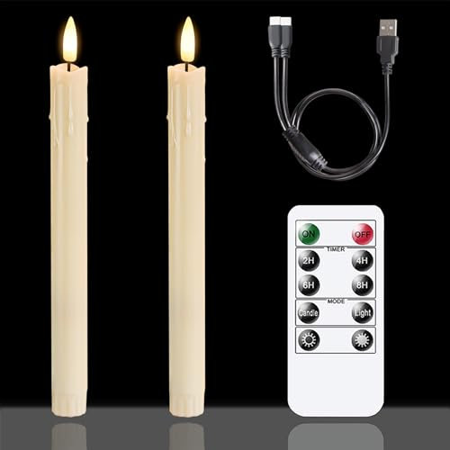 Zevanor Wiederaufladbare flammenlose 2,2cm x25cm LED-Stabkerzen mit Fernbedienung und Timerfunktion, 2er-Pack flackernde elfenbeinfarbene Kunststoffkerzen (inkl. USB-Ladekabel)
