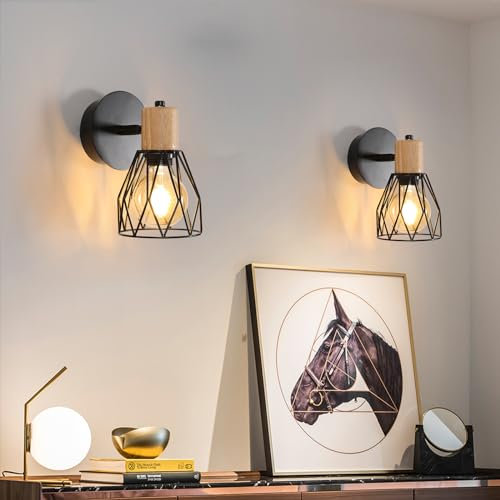 2 Stücke Wandleuchte Innen Holz Verstellbare Vintage Wandlampe Schwarz E27 Wandstrahler Industrial Retro Lampe Wandspot für Wohnzimmer Schlafzimmer Treppenhaus Flur Cafe Bar, Ohne Leuchtmittel