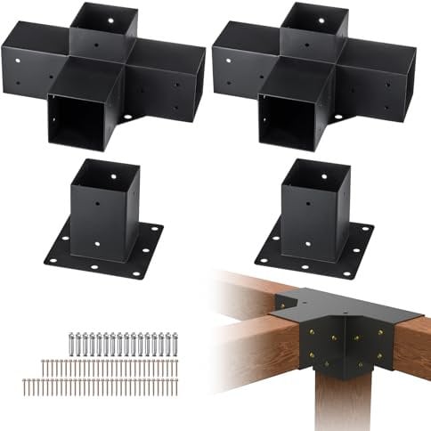 VEVOR Kit Staffe per Pergola 10x10 cm Supporto per Pali in Legno da Carpenteria 2 Staffe Angolari a 4 Vie 2 Basi per Travi Fai da Te per Gazebo, Pergolati da Patio, Cabine, Kit Staffe per Pergola 4 pz