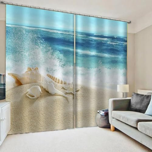 MTBDDyyds 2 Panneaux avec Œillets Plage Coquille Rideau Occultant - Isolant Thermique 3D Impression Décoration Salon Rideau Isolant Phonique pour Chambre Enfant 200X160Cm