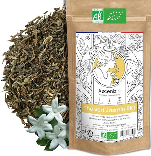 Ascenbio ✿ Thé Vert Jasmin CHUNG HAO Tradition High Grade BIO ✿ Floral sans arômes, 100% naturel ✿ 180g vrac ✿ Préparé et conditionné en France ✿ Emballage biodégradable