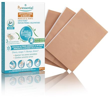 Puressentiel – Articulations & muscles – Patchs froids Cryo Pure aux 14 Huiles Essentielles – Effet froid immédiat et durable – Soulage poignet, coude, dos, cuisse, genou, mollet, cheville - 3 patchs