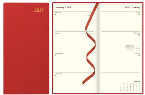 Letts of London Signature Slim Wochenansicht Leder Tagebuch mit Planern 2025, 17,3 cm Höhe, Rot, Büro- und Schulbedarf