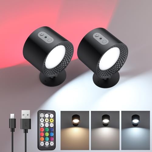 COLORLAM LED Wandleuchte Innen Wideraufladbare AKKU Wandlampe mit Fernbedienung RGB Touch Control Wandleuchten 360° Drehbare Nachttischlampe mit 3 Farbmodi Dimmbar Wandbeleuchtung für Schlafzimmer