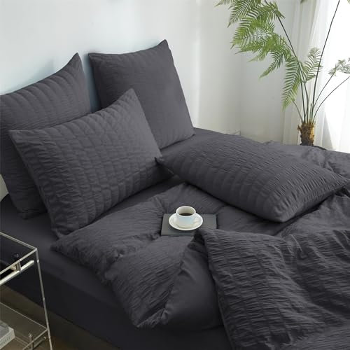 YASMENG Seersucker Bettwäsche 200x200 Grau Gestreift Bettwäsche Seersucker Modern Bettwäsche 3 Teilig Weich Atmungsaktiv Mikrofaser Bettbezug Set mit Reißverschluss und 2 Kissenbezüge 80x80 cm