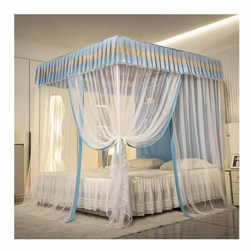 Blauer Vier-Eckpfosten-Bettvorhang, Baldachin, Moskitonetz, Schlafzimmerdekoration für Mädchen und Erwachsene, Winddicht, lichtdicht, Betthimmel, Geschenk (Farbe: einlagig, Größe: 180 x 200