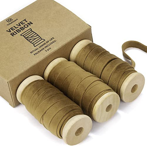 Vitalizart Khaki Samtband Set 0,95 cm x 13,7 m mit Hölzernen Spule, Stoffband 3 Rollen*4,57 m für Weihnachten Kranz Dekoration Handgemachte Handwerk Ornamente & Geschenkverpackungen