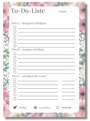 To Do Liste A5 Block in Rosa mit Blumenmuster 50 Blatt |To Do Planer undatiert als Abreißblock |Deine Aufgabenliste um Prioritäten zu setzen |Tägliche Agenda im DIN A5 Format