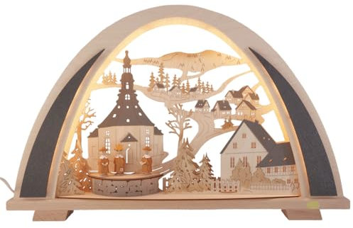 Handgefertigter Schwibbogen mit Seiffen Motiv aus Erzgebirge. Stimmungsvolle Weihnachtsdekoration für Fenster, Tisch oder Regal Sammler traditioneller Holzkunst.