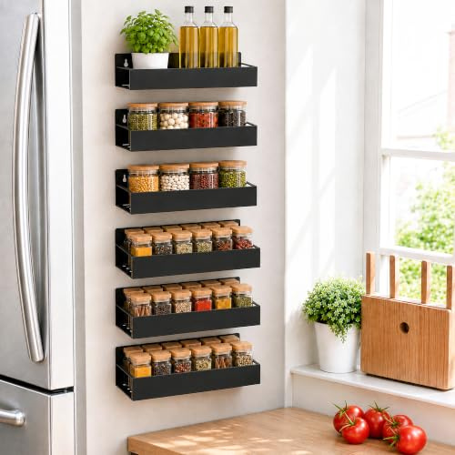 SMRCAD Magnetic Spice Rack for Refrigerator, 6pack Magnetic Shelf for Fridge Space Saving Seasoning Organizer for Kitchen storage Any Metal Surface No Drilling Needed (6pack-Black)