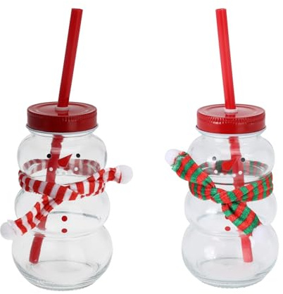 Carousel Home Pack of 2 Snowman Shaped Drinking Jar Christmas Drinks Glass | Clear Glass Drinking Jar with Lid and Straw | Novelty Christmas Snowman Drinking Glass - Design Varies