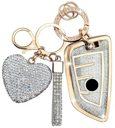 ZVRSUA Autoschlüssel hülle Cover mit Diamant Bling Schlüsselanhänger aus Weichem TPU,4 Tasten für BMW 2 Serie 3 5 6 7 Serie M5 X1 X2 X3 X5 X5M X6 X6M Schutzhülle(Silber)