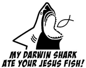 JIFENLI Autoaufkleber 19CM * 14,9CM Mein Darwin Hai aß Ihren Jesus Fisch Vinyl Auto Motorrad Aufkleber Aufkleber Schwarz/Silber
