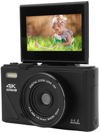 Fotocamera Digitale Compatta 4K, UHD da 64 MP, Zoom 18x, Fotocamera retrò con Messa a Fuoco Automatica con Schermo Pieghevole da 3 per Fotografie di Viaggio, Entry Level (BLACK)
