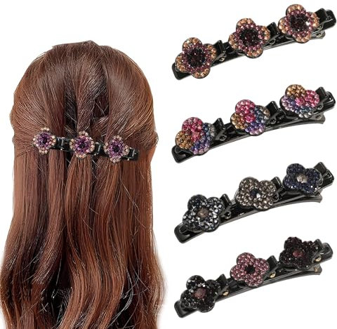 4 Stück Haarspangen mit funkelnden Kristallsteinen, Strass-Haarspangen, Glitzernde Kristall-Stein Geflochtene Haarspangen, Doppelschicht Haarspangen für Frauen Mädchen