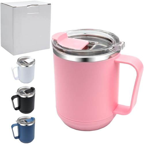 Roellgs Coffee Mug 460ml (16oz), Double Wall Vacuum Insulated Stainless Steel Coffee & Tea Cup w/Non-Slip Handle & Slider Module Lid & Large Volume (Pink)