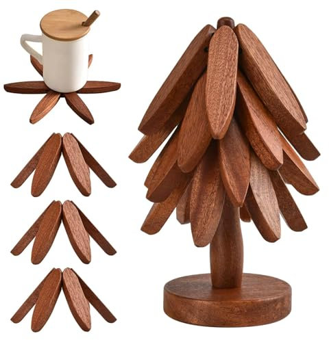 Untersetzer aus Holz für heiße Gerichte, Baumform, Untersetzer für heiße Gerichte – 4 Holzuntersetzer + 1 Ständer, der wie ein Weihnachtsbaum aufbewahrt wird, faltbare Holzuntersetzer (braun)