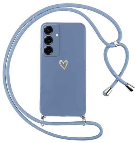 Oelrstfe Funda para Samsung Galaxy S25 5G con Cuerda,Carcasa Silicona Suave con Patrón de Corazón con Correa Cordón Colgante Collar Ajustable,Antigolpes Anti-Arañazos Cuello Cadena Case,Azul
