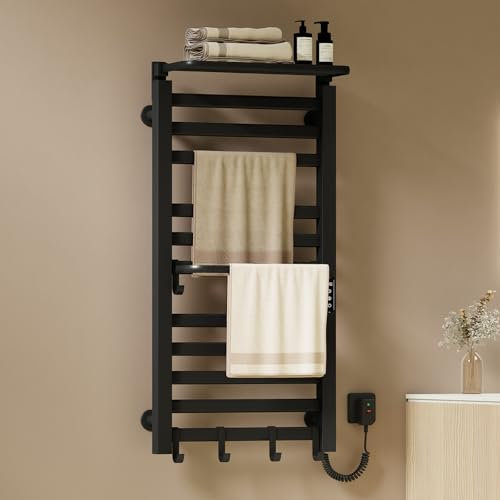 EMKE Scaldasalviette Elettrico Bagno 1000 x 500 mm, Nero, 280W, Termoarredo Elettrico Bagno con Mensola e Ganci, Temperatura Regolabile 30-70°C, Funzione Timer&Memoria,Scalda asciugamani