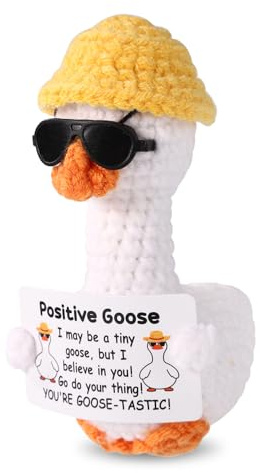 TOYMIS Oie Positive, 9cm Poupée Soutien Positive Faite à la Main Portant Un Chapeau de Paille et des Lunettes de Soleil Oie au Crochet Amusante Tenant Une Carte d'Encouragement