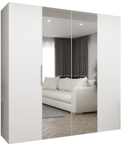 MEBLE KRYSPOL - Kleiderschrank mit Spiegel - Drehtürenschrank - Schrank 200x202x52cm - Garderobenschrank Schlafzimmer, Flur, Jugendzimmer - Farbe Weiß, Griff Kaschmir - Marbella 2 200