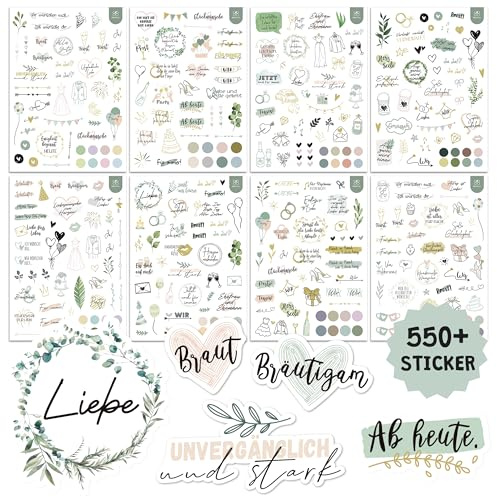 BIROYAL 12 Blätter Sticker Hochzeit Gästebuch, 550+ Aufkleber Waldstil | Love Sticker Set für Fotoalbum Scrapbook Bullet Journal Wedding Deko, DIY Hochzeitssticker mit Viel Liebe, 17 × 24 cm