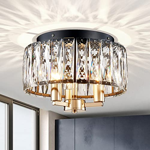 Saint Mossi K9 Crystal Flush Mount Ceiling Light Fixture, Modern Style, Close to Ceiling, E14 Gold Base 3-Lights, D30cm x H18cm, Black Finish