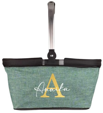 AWASG Einkaufskorb faltbar personalisiert, Einkaufstasche Buchstabe mit Name, Personalisiertes Geschenk Tragekorb Alurahmen, 20L salbei