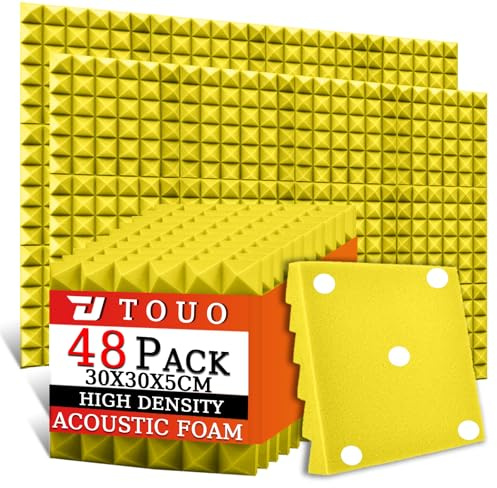 TOUO Akustikschaumstoffplatten, 30 x 30 x 5 cm, schalldichte Pyramiden-Schallschutzplatten für Wände, hochdichte, feuerbeständige Schallschutz-Schaumstoffe für Studio-Wände und Decken, Gelb, 48 Stück