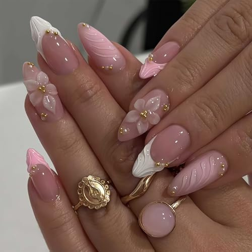 AstraGlam 3D Pink Press on Nails - Medium Almond French Tip Fake Nails with Embossed Flower&Gold Bead Designs, Glossy Finish Reusable False Nails with Glue Tabs - 24Pcs Nail Kit for Women and Girls