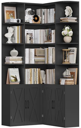 FirFurd 187cm Bücherregal mit Türen, Eckregal mit 12 Fächern L-förmiger | Bücherschrank mit Türen, Bücherregal, Hochschrank Regal für Wohnzimmer, Büro, Arbeitszimmer, 187x80x80cm, Schwarz