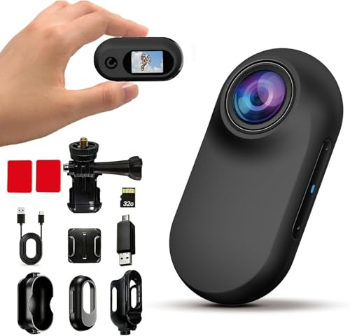 Xilecam Mini Action Cam1080P und 32 GB Speicherkarte Helmkamera Motorrad Bodycam Mini ski Kamera Multifunctional Accessories Body Cam（Schwarz）