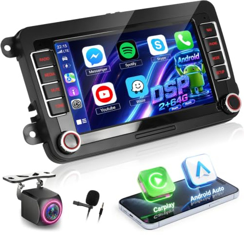 NHOPEEW 7 Zoll 2 + 64G Android Autoradio für VW Passat b6 b7 Golf 5 6 Jetta T5 EOS Polo Touran Seat Sharan - Unterstützung Drahtlos Carplay & Android Auto WiFi GPS FM RDS Mirror Link + Rückfahrkamera
